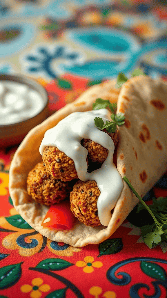 A pita pocket filled with crispy falafel, fresh tomatoes, and creamy tzatziki, garnished with cilantro on a colorful patterned table.