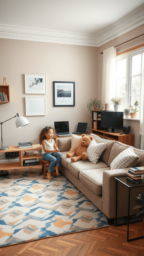 A child sitting on a small stool next to a large couch, with a teddy bear and a relaxed workspace in the background.