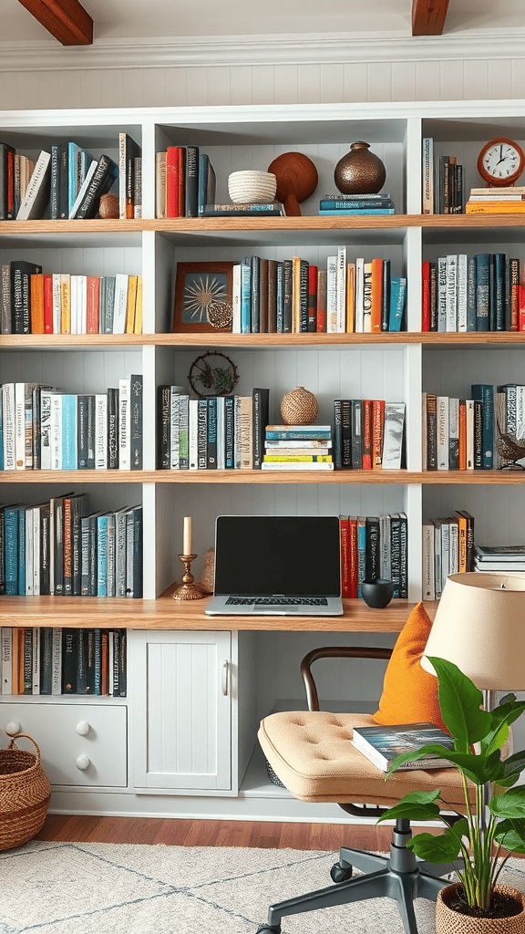 A stylish farmhouse shelving unit filled with books and decorative items, featuring a workspace with a laptop.