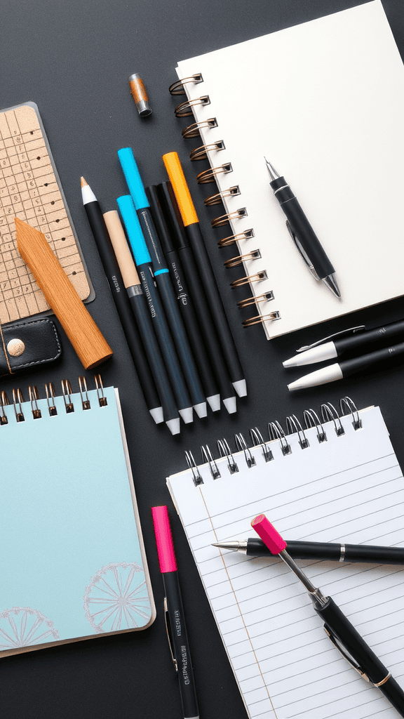 An arrangement of stylish office supplies including colorful pens and notebooks on a dark surface.