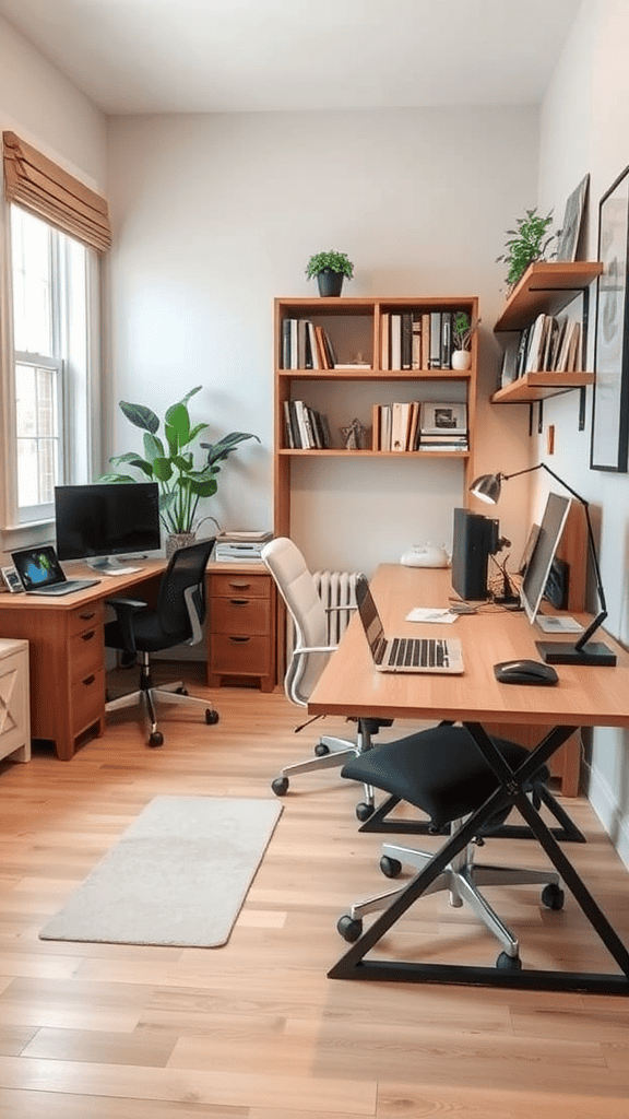 A modern home office with two workstations, wooden furniture, and plants.