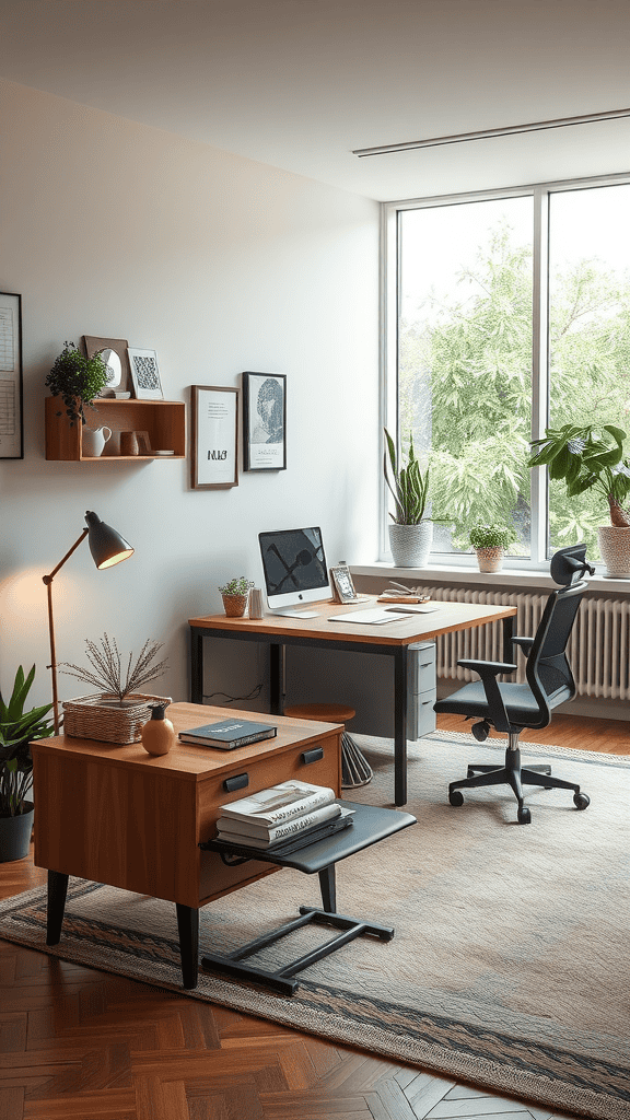 A modern, cozy home office with minimalist design, featuring plants, a desk, and a computer by the window.