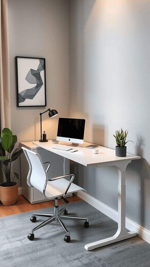 A modern, sleek workspace featuring a white desk, a computer, a chair, and a plant.