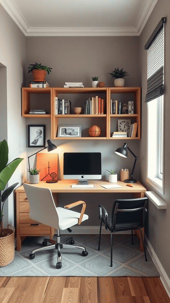 Cozy and organized flexible workstation with a desk, computer, and plants.