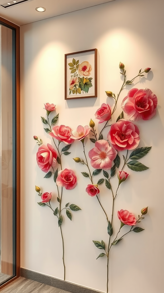 A wall adorned with large pink floral accents and a framed artwork above.