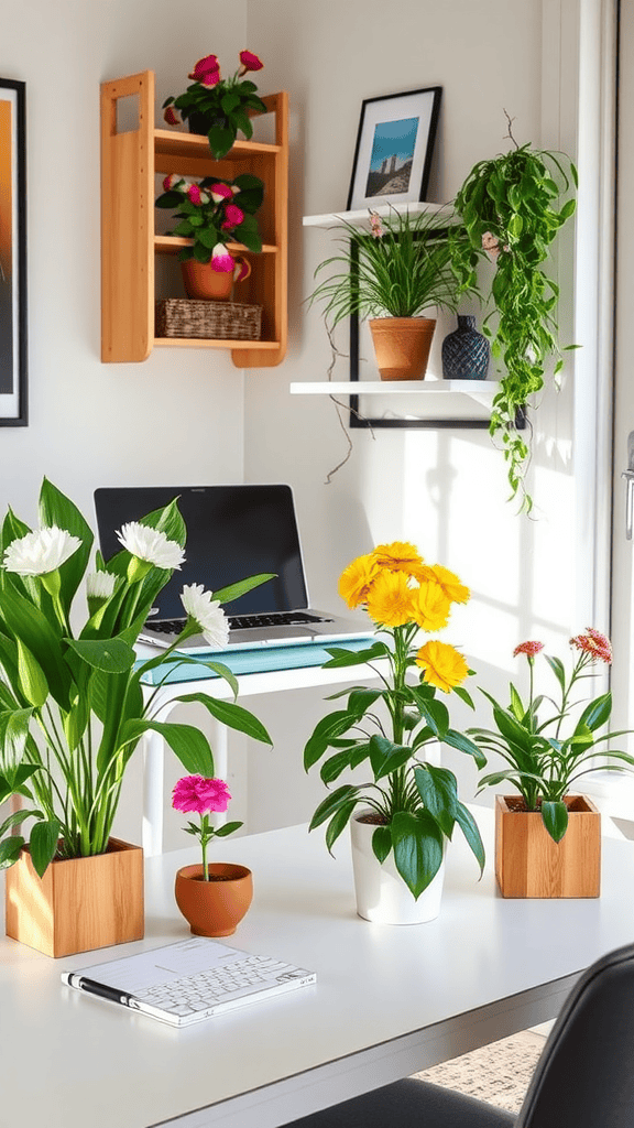 A bright workspace decorated with various potted flowers and plants, including a computer and notebook.