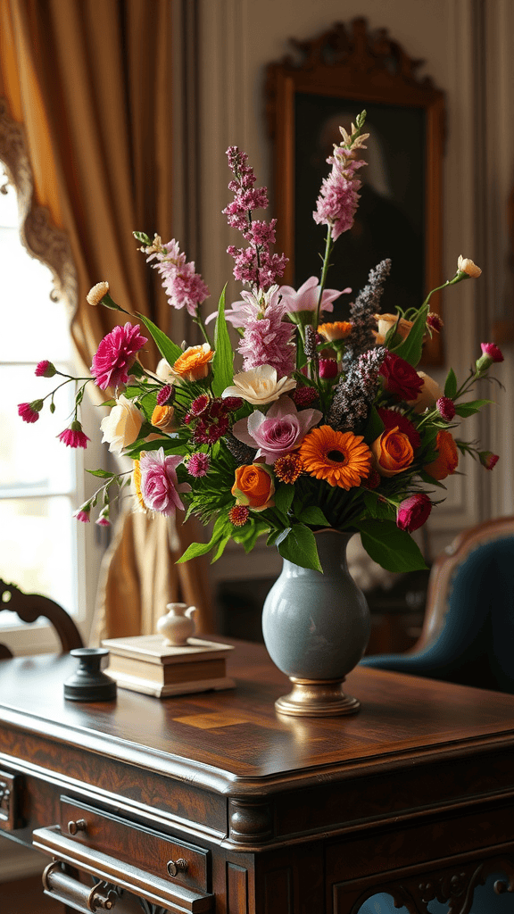 A colorful floral arrangement in a vase on a wooden desk in a Victorian-style office.