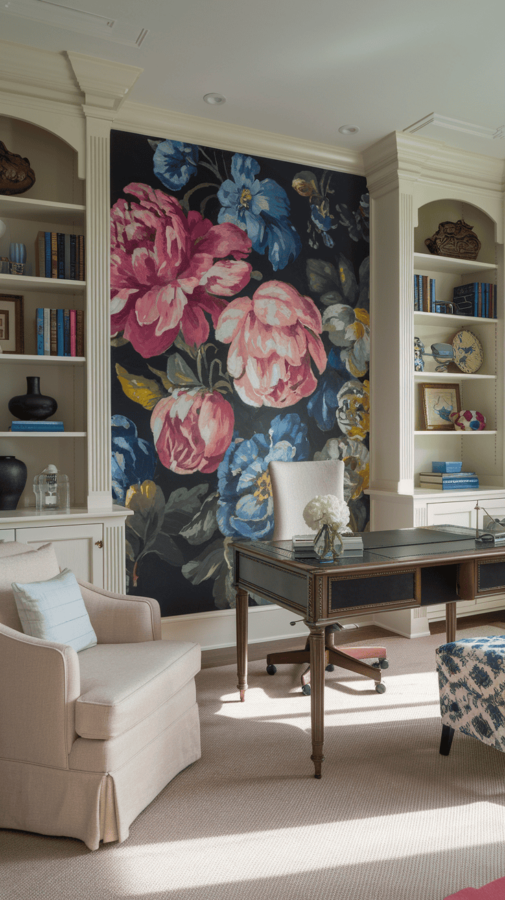 A bright floral mural featuring pink and blue flowers on a dark background, with a cozy chair and elegant desk in a well-lit room.