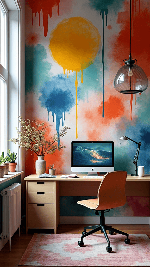 A colorful artistic wallpaper in a workspace featuring a yellow sun and vibrant splashes, with a desk and plants.