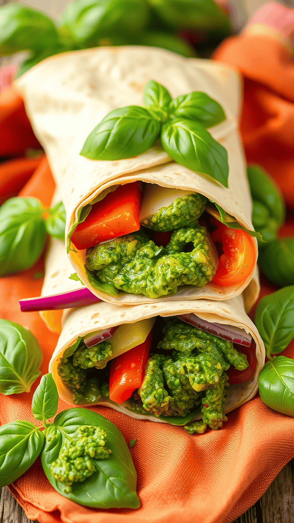 Fresh garden veggie wrap with pesto, showcasing vibrant vegetables and basil.