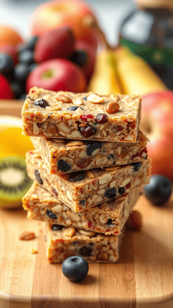 A stack of homemade fruit and nut energy bars surrounded by fresh fruits.