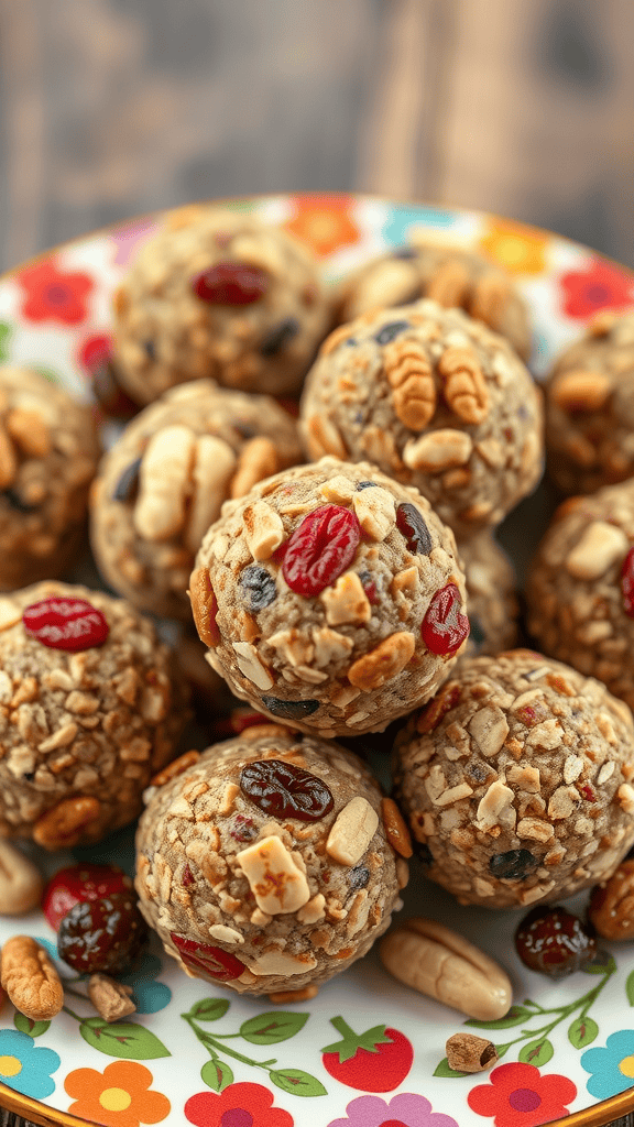 A vibrant plate of fruit and nut energy bites, showcasing a mix of oats, dried cranberries, and nuts.