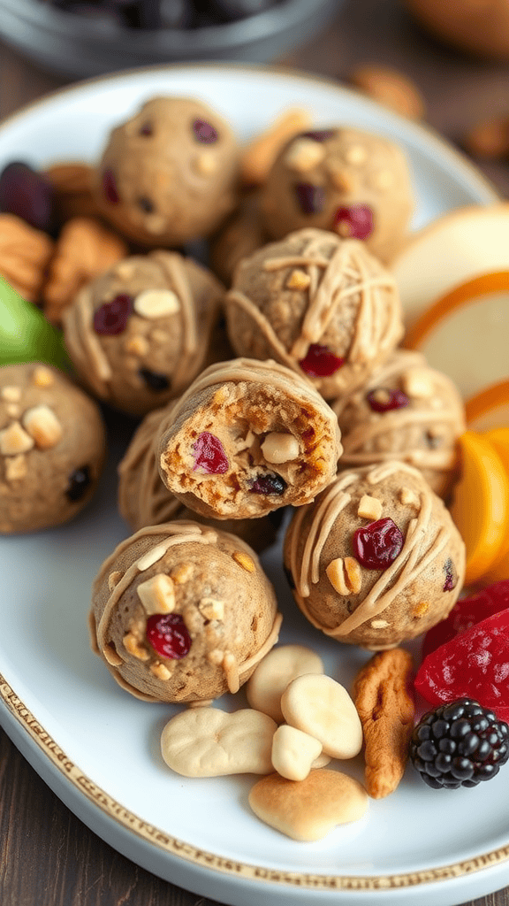 A plate of fruit and nut energy bites with various nuts and fruits.