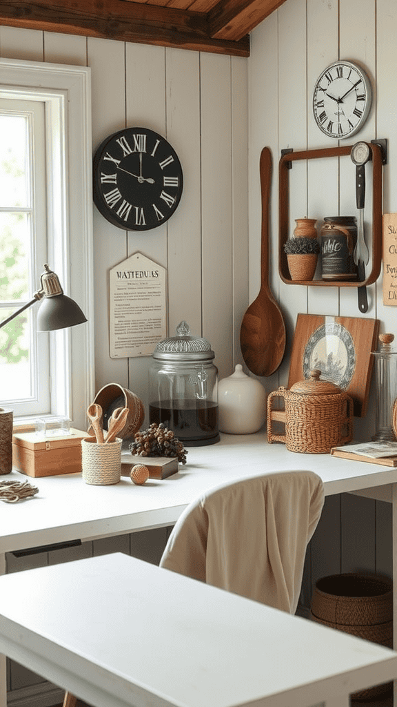 A cozy farmhouse-style home office with a white desk, wooden accents, and decorative items.