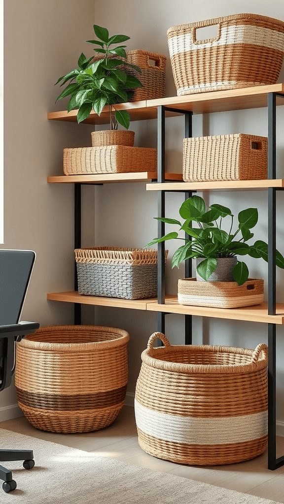 A collection of decorative and functional baskets on shelves, with plants and an office chair in the background.