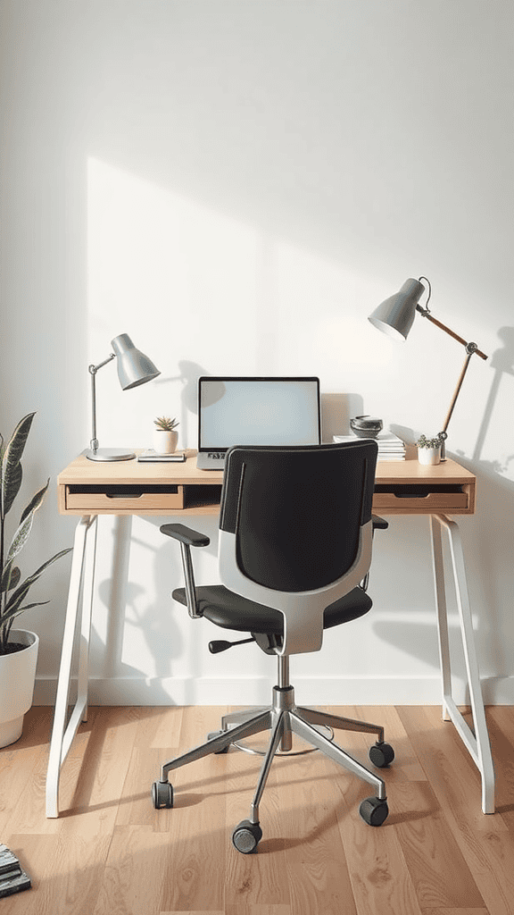 A cozy, minimalist desk setup with a computer, two lamps, and a plant.