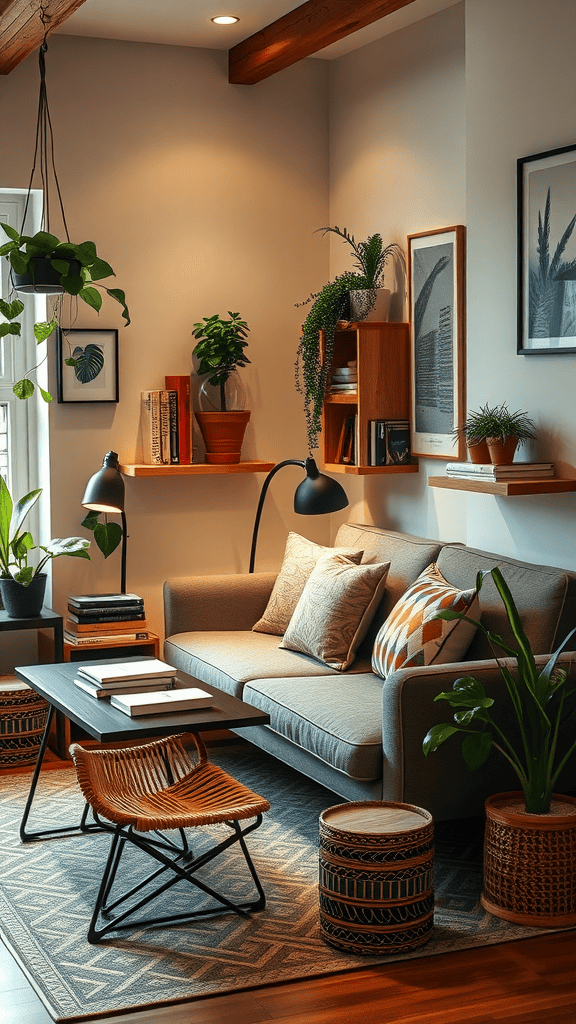 Cozy sitting area with a sofa, plants, and warm lighting.