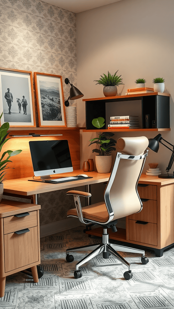 A modern home office setup featuring a wooden desk, ergonomic chair, and plants.