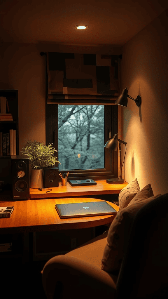 A cozy workspace with warm lighting, a desk, and a window view.