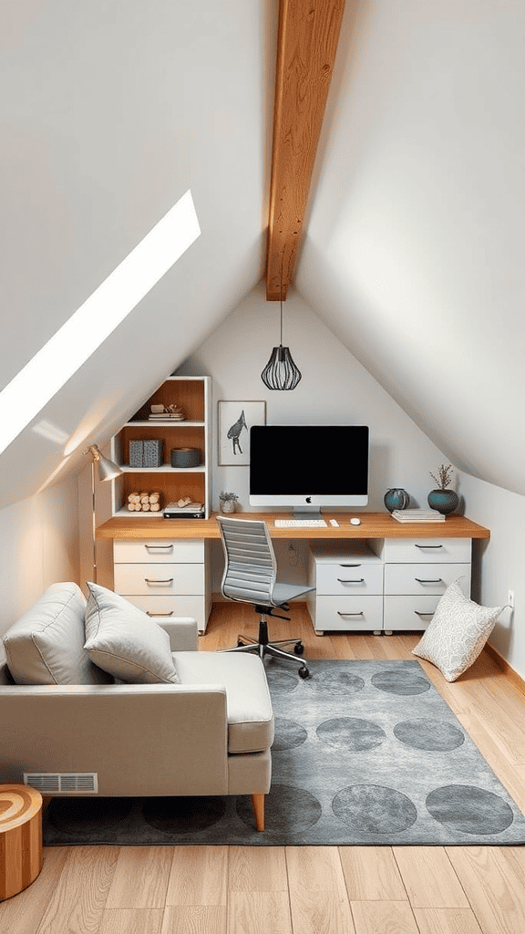 Cozy attic workspace with a sofa, desk, and modern decor.