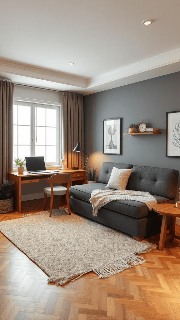 Cozy living room featuring a functional sofa bed and a workspace