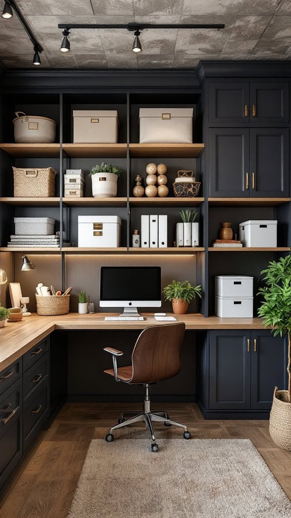 A stylish and organized home office with dark shelves, storage boxes, and desk setup.