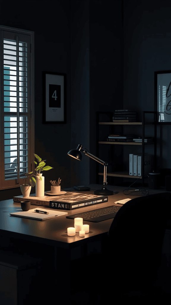 A cozy workspace with a desk lamp, candles, and a plant, showcasing functional task lighting.