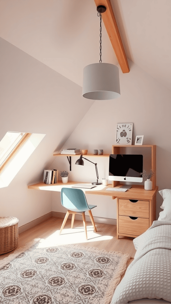 Cozy attic workspace with a wall-mounted desk, a computer, and decorative elements.