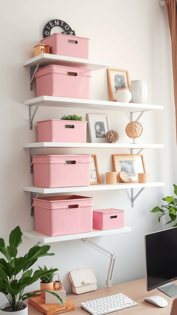 Stylish white wall shelves with pink storage boxes and decorative items