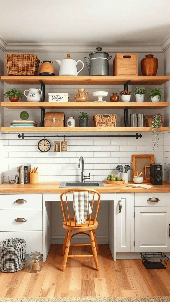 A functional and aesthetic workspace featuring open shelves filled with kitchenware and decor, a wooden countertop, and a cozy chair.