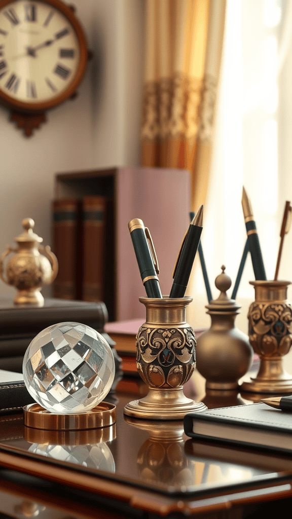 An elegant desk setup featuring decorative accessories like a clock, pen holders, and a crystal paperweight.