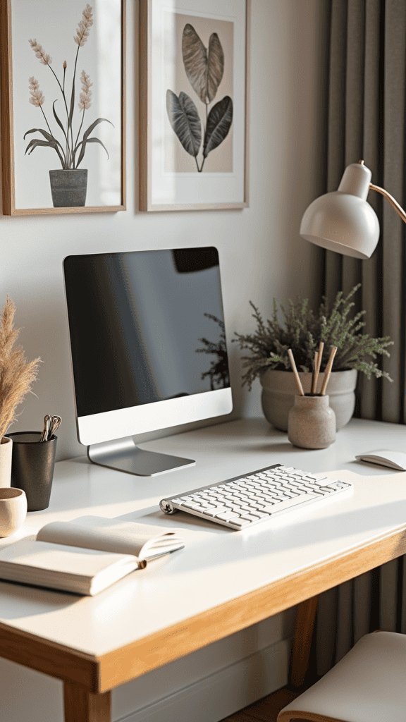 Stylish home office featuring a computer, plants, decorative artwork, and a clean desk setup