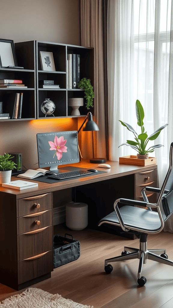 A stylish and functional home office desk with a computer, plants, and organized shelves.