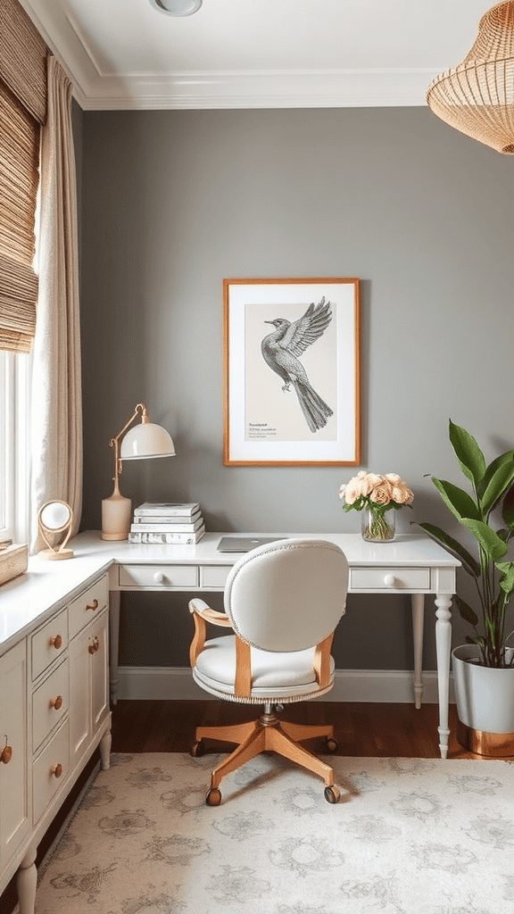 A stylish home office featuring a white desk, a comfortable chair, plants, and decorative elements.