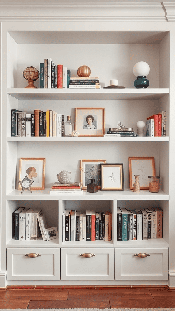 A stylish white bookshelf filled with books and decorative items.