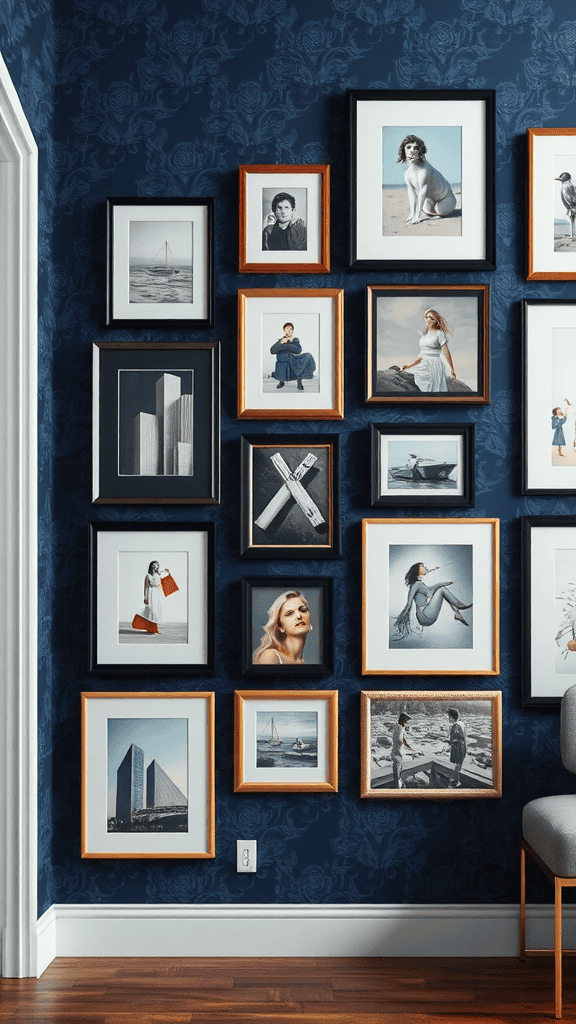 Gallery wall featuring various framed images against a navy blue wall