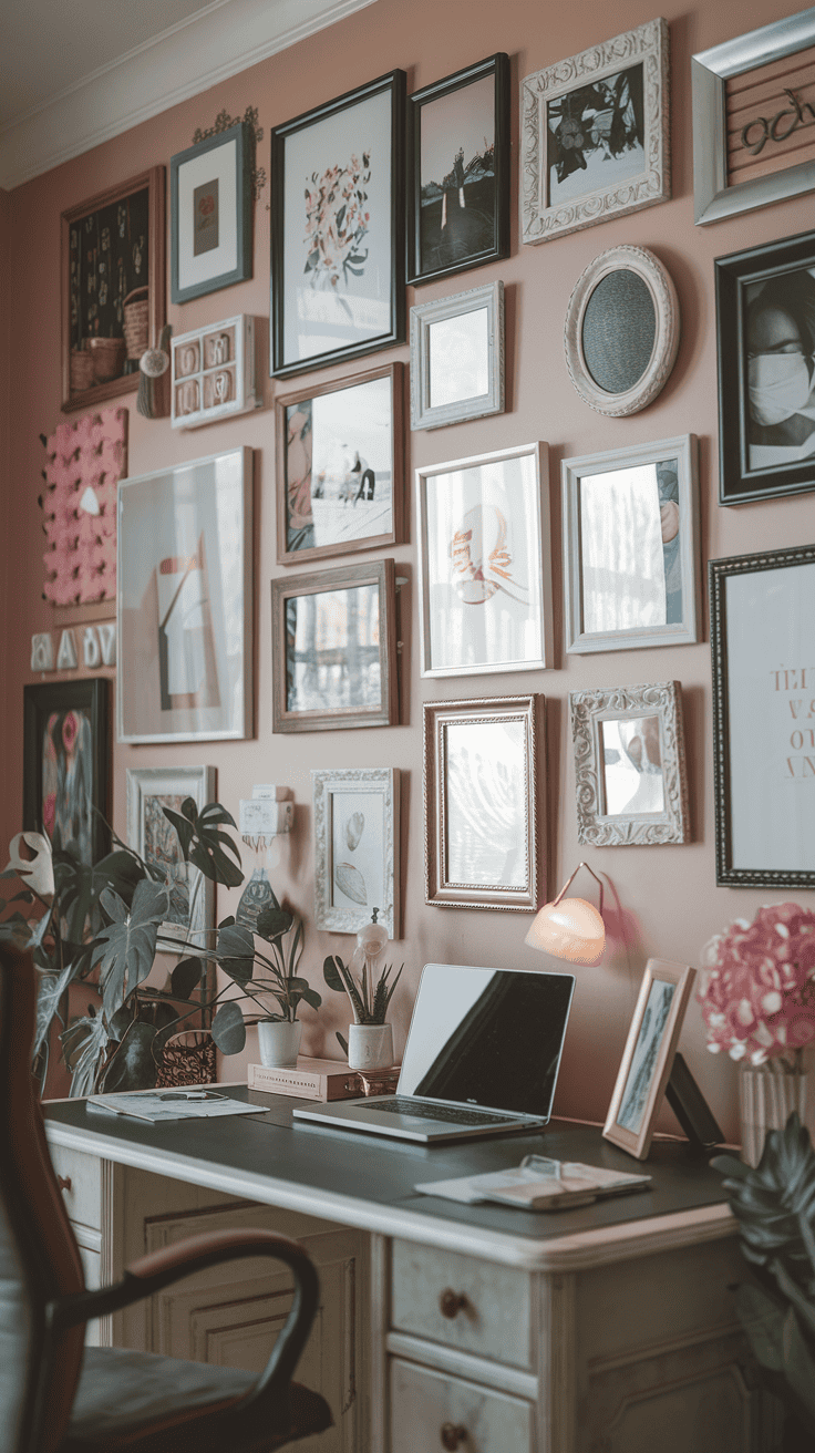 A gallery wall filled with various framed artworks and photographs, set against a pastel pink wall, with a desk in front featuring a laptop and plants.