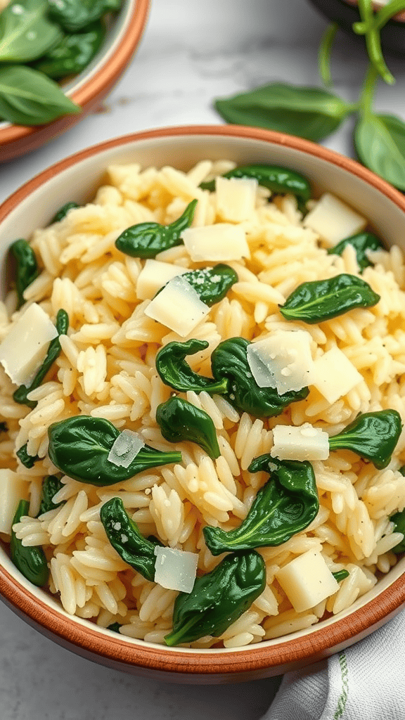 Bowl of garlic butter rice with spinach and cheese