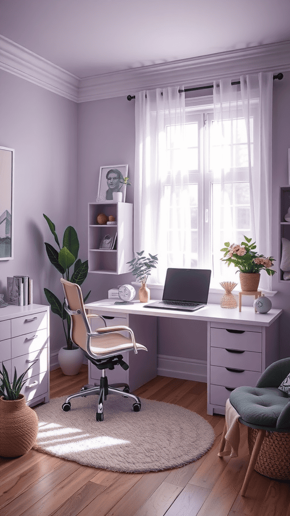 Feminine office space with lilac walls, a desk, and plants