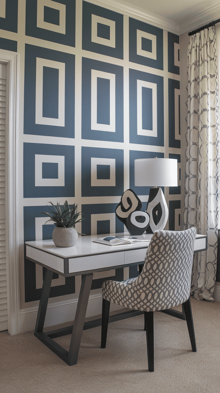 A stylish workspace with geometric patterns on the wall and modern desk decor.