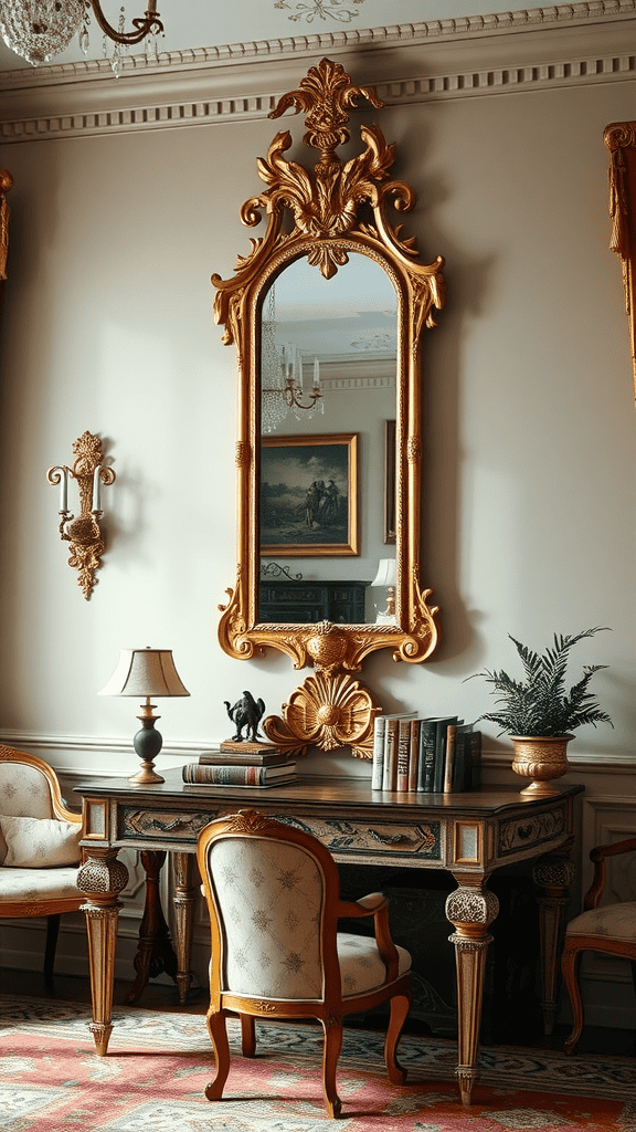 A beautifully decorated Victorian home office featuring a gilded mirror and elegant furniture.