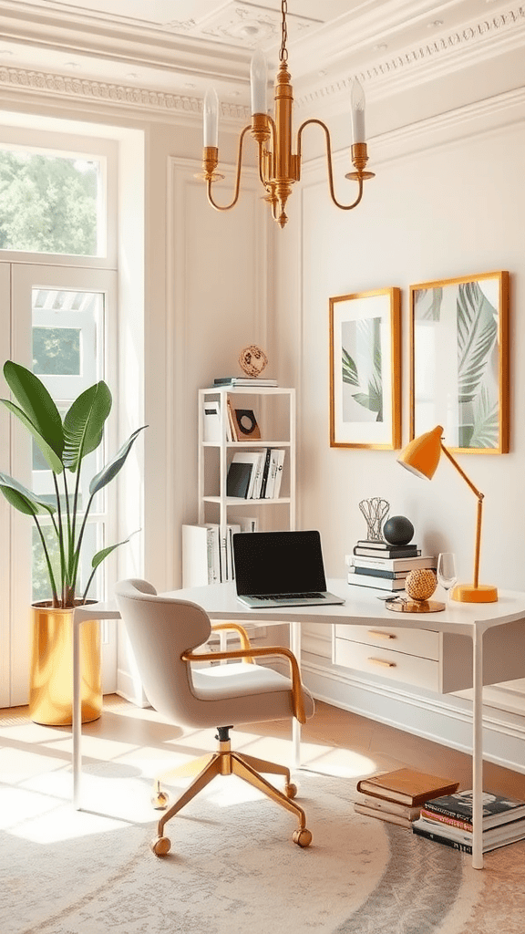 An inviting home office with golden accents, featuring a stylish desk, plant, and bright decor.