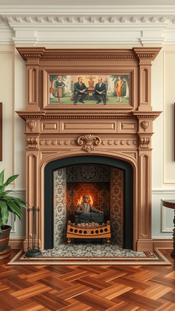 An ornate grand fireplace with a decorative mantel and a cozy fire, set in a stylish room.