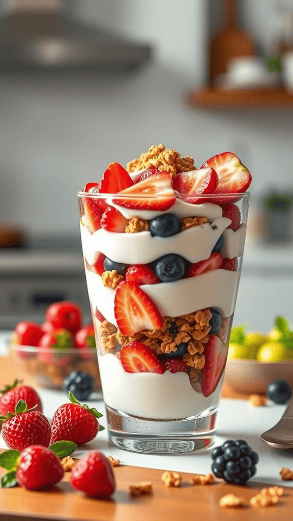 A colorful Greek yogurt parfait with layers of yogurt, strawberries, blueberries, and granola in a clear glass