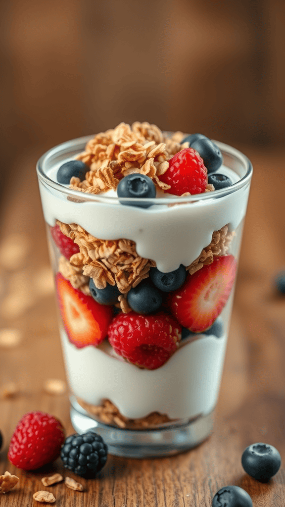 A Greek yogurt parfait with layers of yogurt, strawberries, blueberries, raspberries, and granola in a glass.