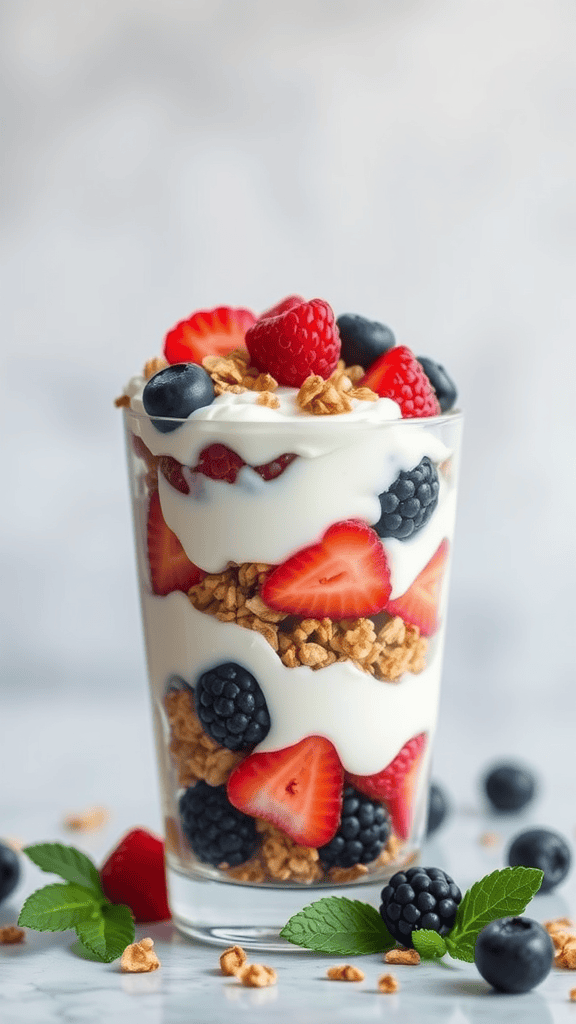 A delicious Greek yogurt parfait layered with berries and granola in a glass