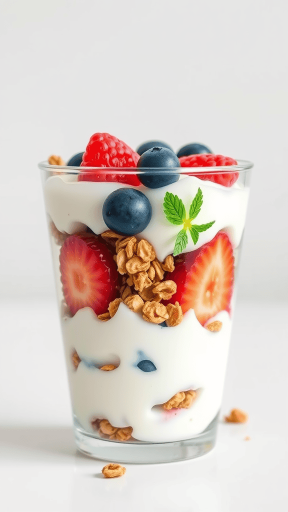 A glass of Greek yogurt parfait with layers of granola and fresh berries.