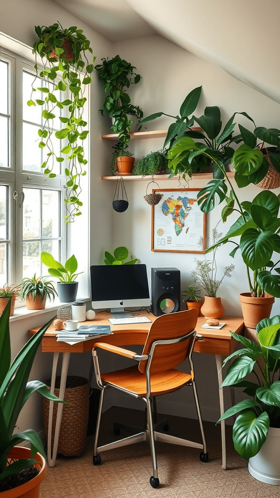 A cozy workspace filled with various indoor plants, showcasing their calming presence and air-purifying benefits.