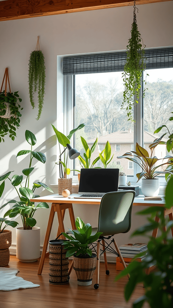 A bright and cozy workspace filled with various indoor plants, featuring a desk with a laptop and a large window.