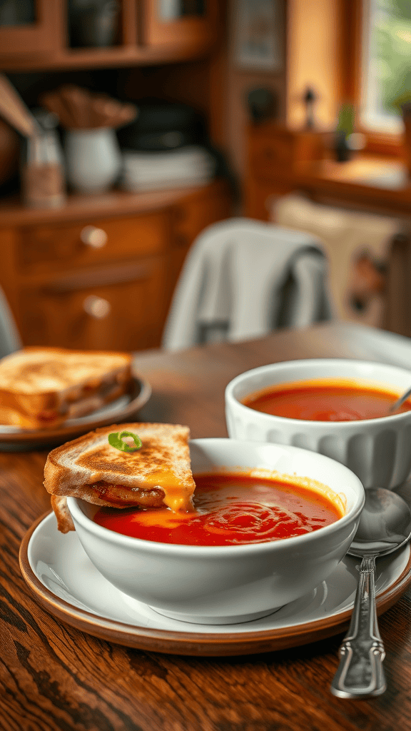 A plate of grilled cheese sandwich with tomato soup in a cozy kitchen setting.